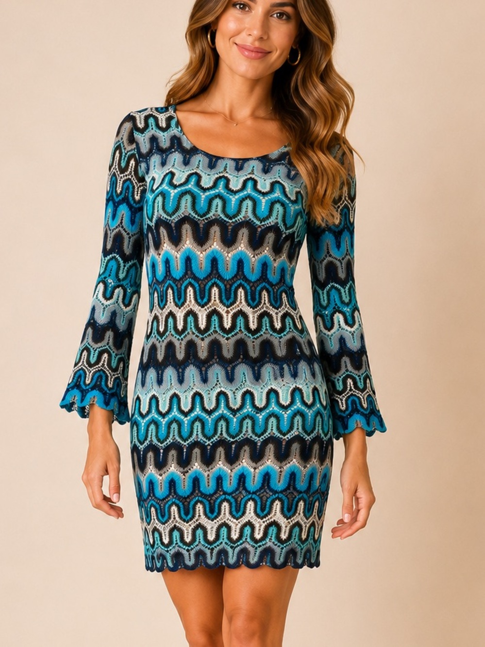 Missoni-Inspired Wave Knit Shift Dress Crochet Scalloped Hem Bell Sleeve Size S